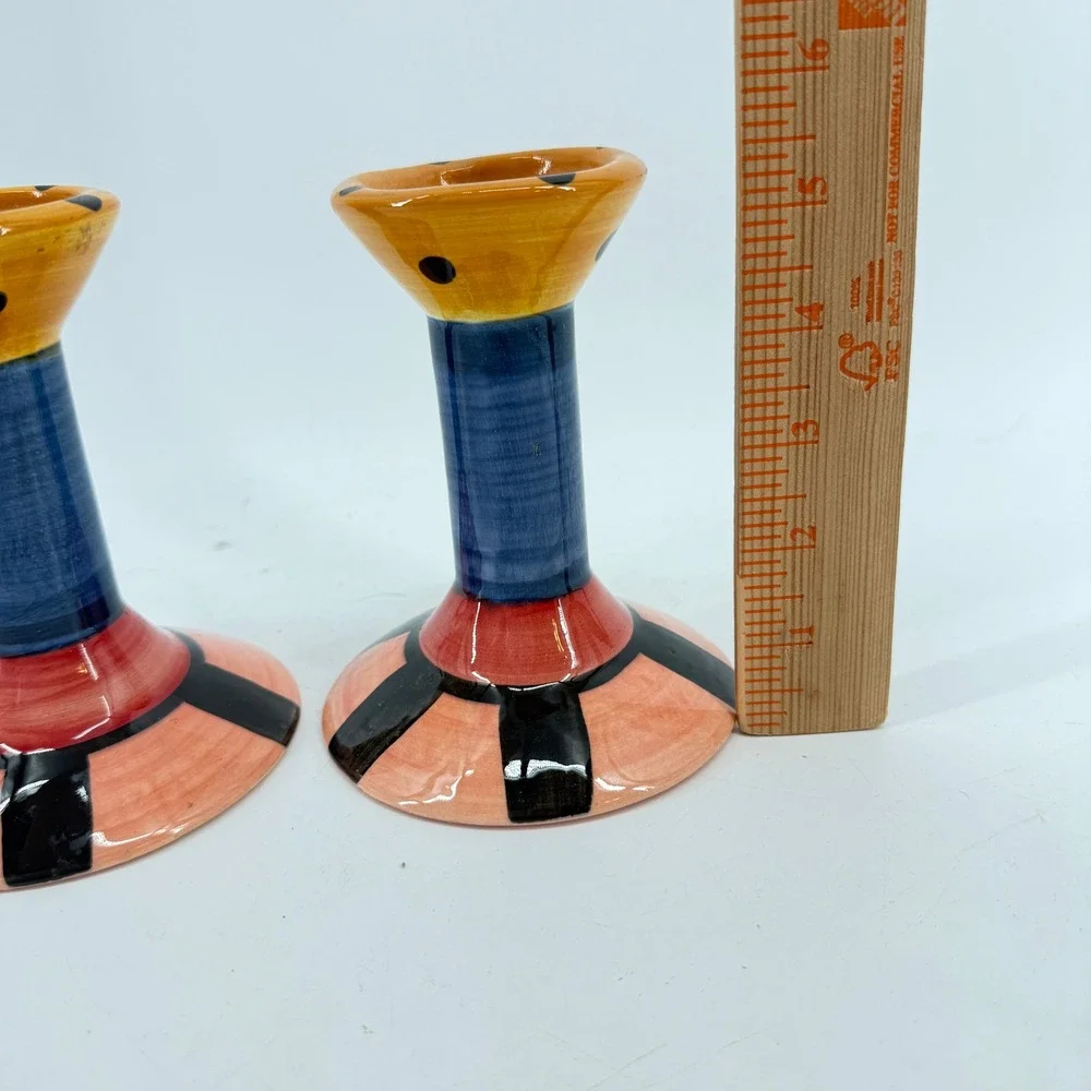 Vicki Carroll Candle Holders Pair OS Multicolor Hand Painted Studio Pottery 1997